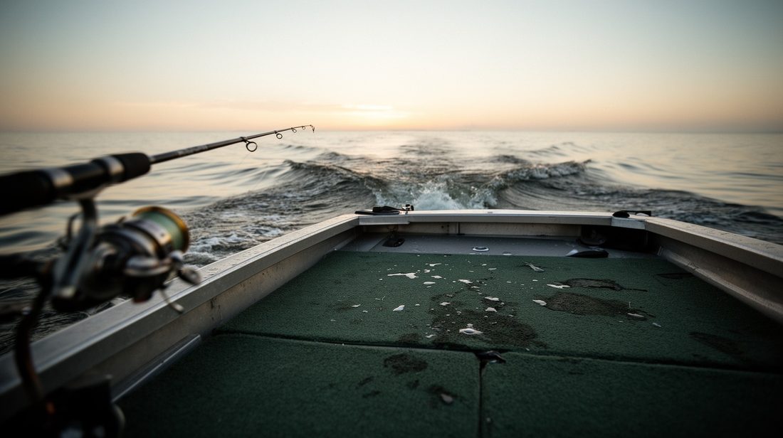 The bow of a small aluminium boat at dawn with a rod laid across it, water beyond.