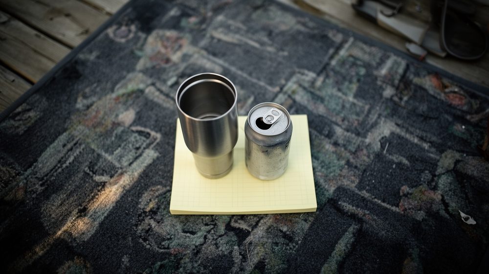 A tumbler and a can standing on a yellow sticky note on weathered wood.