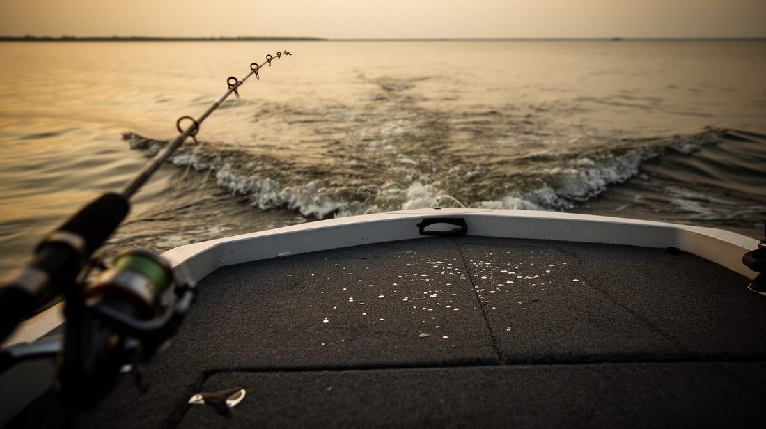 A first-person view over the bow of a small boat at dawn, rod in hand, flat water ahead.